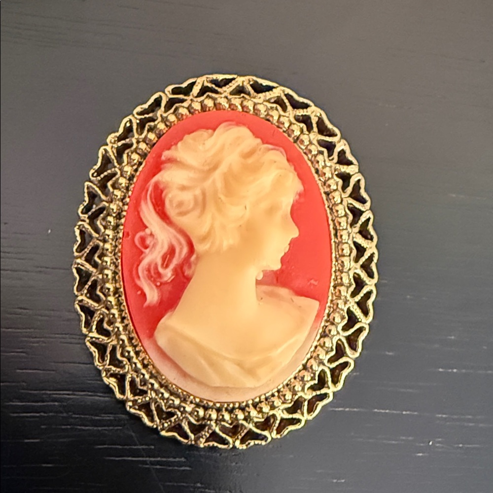 vintage 1928 Jewelry faux carnelian cameo oval brooch with a gold-tone finish